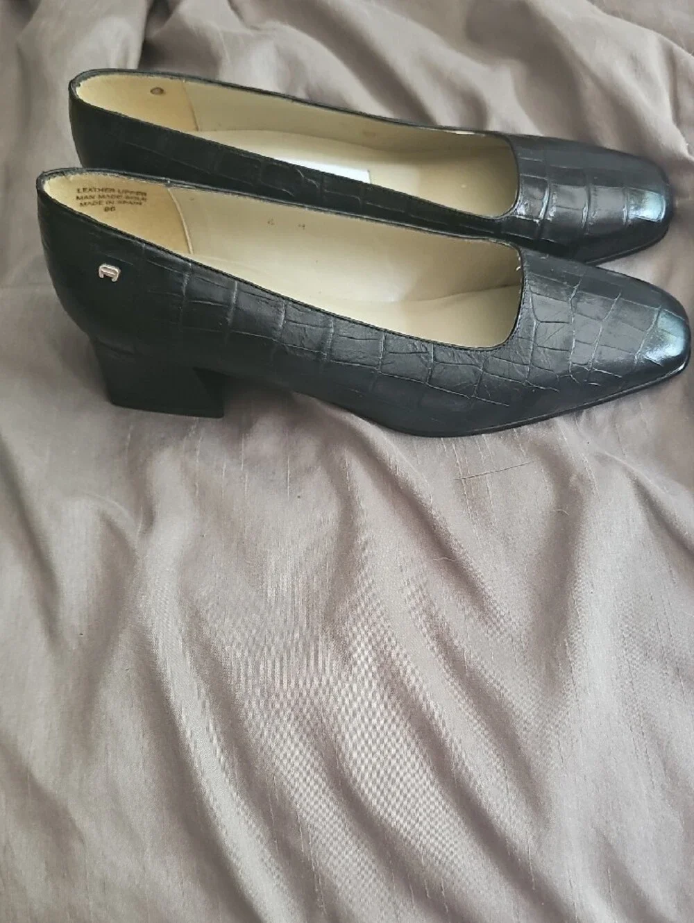 Etienne Aigner Black Croc-Embossed Square-Toe Flats with Gold Accent